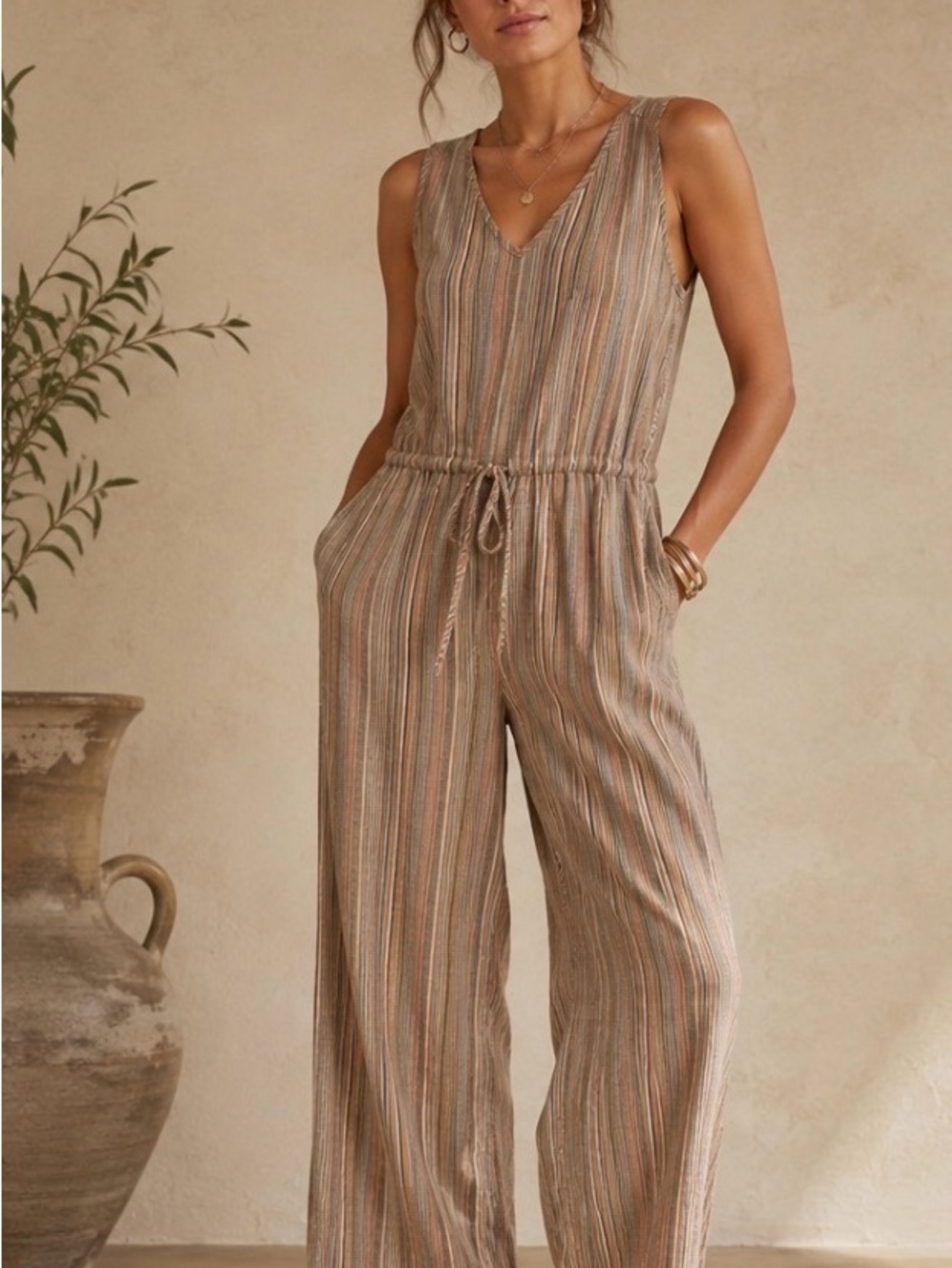 DREW Striped Wide Leg Jumpsuit Neutral Boho Sleeveless Tie Waist Romper P2P 20’